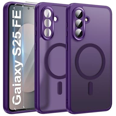 Opkiegrn Magnétique Coque pour Samsung Galaxy S25 Fe 5G Compatible avec MagSafe avec 2 Verre trempé Protection écran, Anti-Jaune Antichoc Caméra Protecteur Etui Housse Mat Case (Violet Foncé)