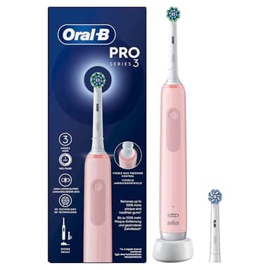 Oral-B Pro 3 Brosse À Dents Électrique Rose Pour Adultes, 3 Modes De Nettoyage Avec Blancheur Et Sensibilité Pour Protéger Les Gencives, 2 Brossettes Crossaction De Rechange, 1 Chargeur