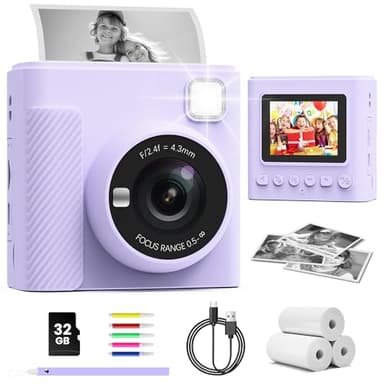 TIATUA Appareil Photo Instantané Enfants, 1080P Appareil Photo Numérique Enfant & Caméra Vidéo avec Carte de 32GB & Rouleaux de Papier d'impression, Cadeaux pour Garçons & Filles de 3 à 12 Ans
