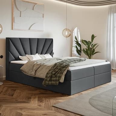 MOTIVENA Aspen Lit Boxspring 160x200 Complet avec Matelas (Ressorts Bonnell H4) et Surmatelas (T28 Mousse de Confort H3), avec Rangement, Velours, avec Tête de Lit Coffre 160x200 Gris Anthracite