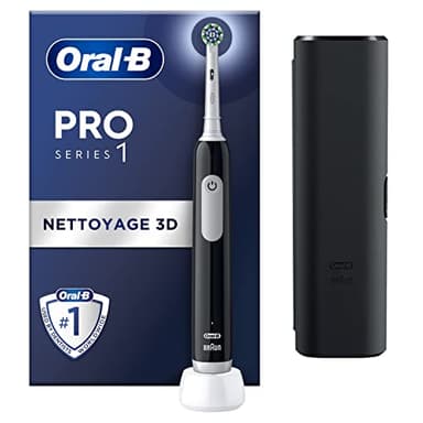 Oral-B Pro 1 Brosse À Dents Électriques Pour Adultes, Contrôle De Pression, Tête Ronde Pour Protéger Des Gencives Sensibles, Mode Blancheur, 1 Embout De Rechange, 1 Chargeur, 1 Étui De Voyage, Noire