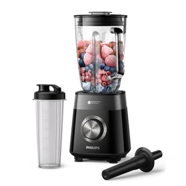 Philips Blender Series 5000 - Puissance 1200W, Bol verre, Capacité totale de 2L, 3 vitesses + Pulse, Gourde incluse, Nettoyage facile, Pièces résistantes au lave-vaisselle, Noir (HR3031/00)