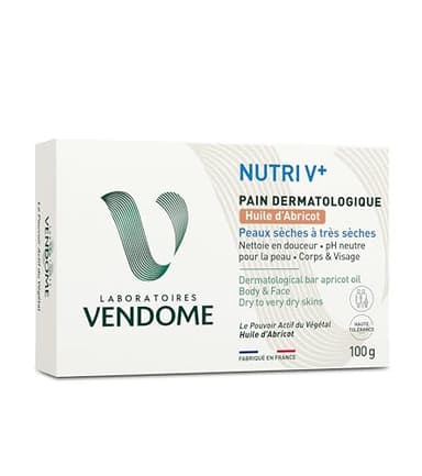 LABORATOIRES VENDÔME - NUTRI V+ - Pain Dermatologique Huile D'Abricot - Corps & Visage - Nettoie En Douceur & Nourrit - pH Neutre & Sans Savon - Haute Tolérance - Peaux Sèches À Très Sèches - 100g