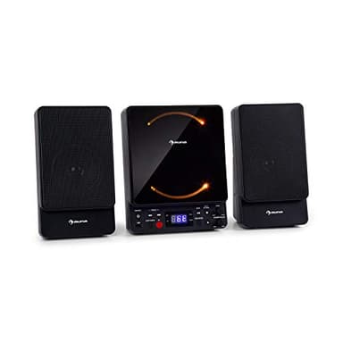 AUNA Microstar - Micro-chaîne Verticale, Lecteur CD, Bluetooth, Enceintes stéréo, Port USB, Tuner FM, AUX-in, écran LCD, éclairage d'ambiance, Installation Murale ou Pose Libre - Noir