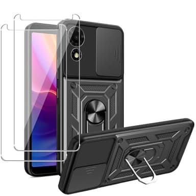MEMELOKA Coque pour TCL 501 avec Verre Trempé, Housse de Protection Militaire Anti-Rayures + Support Métallique Rotatif à 360°, Antichoc Coque avec Lentille Coulissante Couverture, Noir