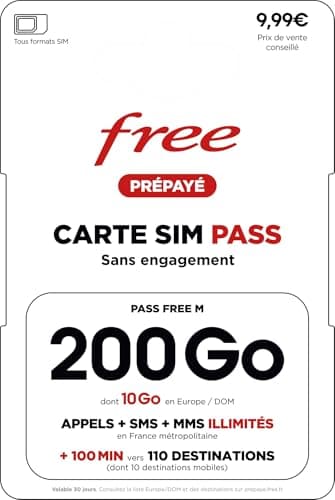 Carte SIM Free Pass M : Forfait 200 Go 5G Ultra-Data + Appels/SMS Illimités & 10 Go depuis l’Europe – Offre Mobile Sans Engagement