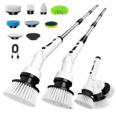 Yesiview Brosse Nettoyage Electrique Rotative -Brosse de Nettoyage Electrique avec 8 Têtes, 3 Vitesses Manche Extensible Rechargeable Brosse Nettoyage pour Salle de Bain, Cuisine et Voiture