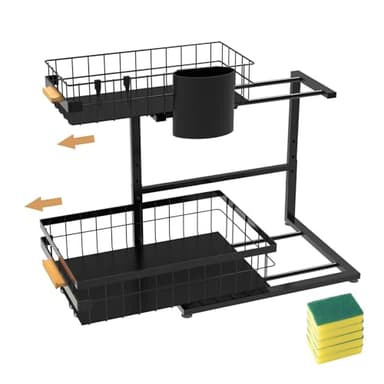 Faumsut Organiseur sous évier, 2 niveaux de rangement sous évier, étagère coulissante en métal pour cuisine, salle de bain, garde-manger, placard