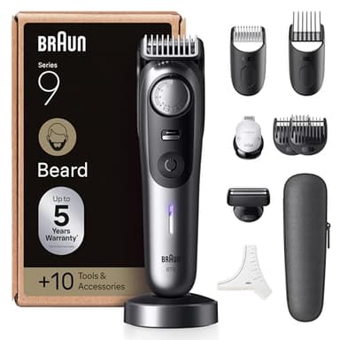 Braun Tondeuse A Barbe Homme Series 9 BT9545 Chrome, +10 Outils De Barbier, 52 Longueurs, Lame ProBlade Pour Un Rasage Professionnel, Kit Tondeuse Electrique Sans Fil, 4 Sabots et Pochoir A Barbe