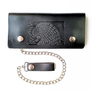 Générique Portefeuille de Motard 19,5 cm en Cuir Vachette Robuste avec Chaîne Métal Amovible, Porte-Monnaie zippé et Porte-Carte. Tête d’Aigle en Relief. Portefeuille Biker Noir.