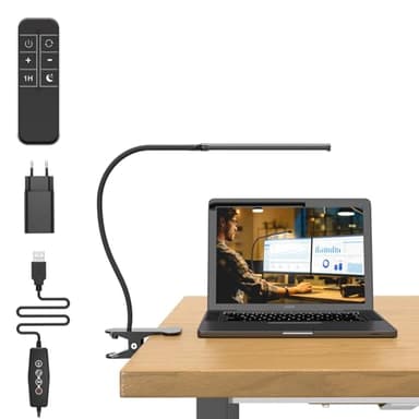 Mojimdo Lampe de Bureau 77 LED dimmable avec Télécommande [3 Températures Couleur et 10 Niveaux Luminosité] Col de Cygne Flexible 40cm avec Chargeur USB, Lampe de Lecture facile à clipser pour Maison