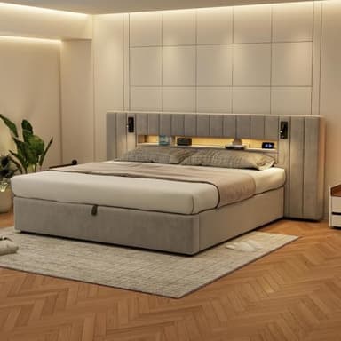 Zepneiy Lit rembourré 180 x 200 cm avec Port USB et éclairage LED, lit Double Moderne 180×200 avec Lampe de Chevet, Lit Hydraulique avec Espace de Rangement, Velours, Gris (Matelas Non Inclus)