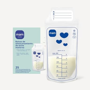 MAM Lot de 25 sacs de rangement pour lait maternel, capacité de 180 ml, adaptés pour réfrigérateur et congélateur, permettent un stockage vertical ou horizontal, faciles à remplir, sans fuite,