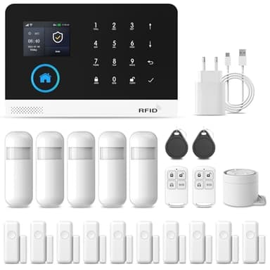 PGST Alarme Système WiFi/GSM, Compatible Google Home et Alexa, Kit Antivol avec Sirène,Détecteur de Mouvement, Capteurs pour Ports de Protéger Votre Maison et Votre Bureau (Smart Life-Tuya)