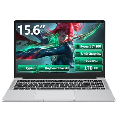 DIAKUOE 15,6 Pouces Ordinateur Portable Ryzen 5 7430U (12T, Jusqu'à 4,3 GHz), 16Go DDR4 RAM 1 to SSD, Win 11 PC Portable Carte Graphique Radeon, Laptop Clavier Rétroéclairé, Type-C, HDMI, USB 3.0