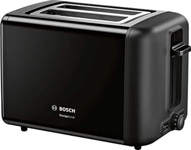 Bosch DesignLine TAT3P423DE Grille-pain compact en acier inoxydable avec arrêt automatique et fonction décongélation, parfait pour 2 tranches de toast, fonction lifting, large, 970 W, noir