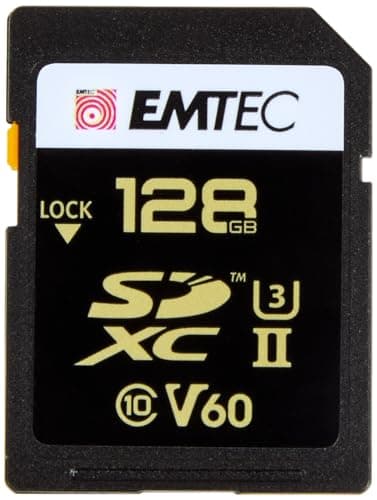 EMTEC - Carte SDXC UHS-II U3 V60 SpeedIN Pro+ ECMSD128GUHS2V60 - Carte Mémoire - Photos en Rafale, Vidéos Full HD, 3D, 4K, 8K UHD - Capacité de Stockage 128Go, 128GB - 2 Rangées PIN au Dos - Noir/Doré