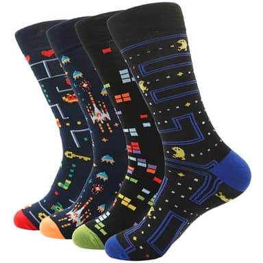 PETIBU Lot de 4 paires de chaussettes amusantes en coton, cadeaux originaux pour homme rétro, 4 jeux vidéo, 40-46