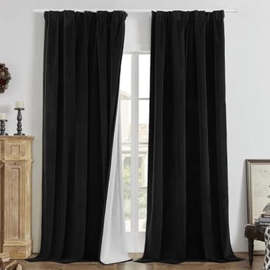 Joydeco Rideau 100% Occultant Thermiques Velours Noir L132xH245 cm Lot de 2 Galon Fronceur Rideaux Dressin Salon Chambre Élégante Lourds 330g/㎡