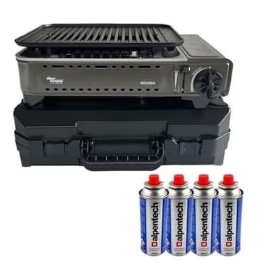 Alpen Camping - Barbecue à Gaz Nevada 1780W + 4 Cartouches Butane - Allumage Piezo - Grille avec Évacuation des Graisses et Mallette de Transport - Van Camping et Bivouac