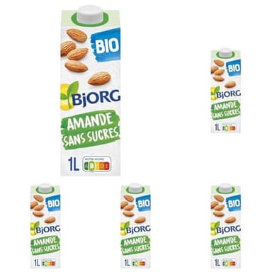 BJORG - Lait d'Amande Sans Sucre Ajouté - Lait Végétal Bio - Pauvre en Acides Gras Saturés - Brique 1 Litre (Lot de 5)