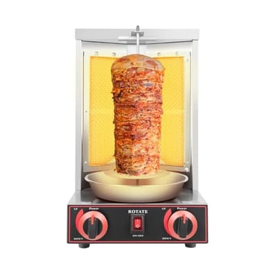 Machine à Kebab Gyros Professionnelle 2 BrûLeurs éLectriques,pour La Maison - avec PoignéEs Et Bac D'éGouttement D'Huile - Noir Et Argenté