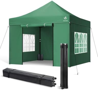VOUNOT® Tonnelle de Jardin Pliante 3 * 3m Renforcé avec 4 Parois Mur fenêtre Tente en Polyester Imperméable pour Festival Jardin Camping Sac de Transport et Sacs de Sable Inclus Vert