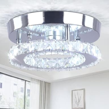 lhome Moderne lustres en cristal, 7.9Inch plafonnier de LED, Mini cristal rond en acier inoxydable Flush lampe de plafond pour Salle à manger Salon Chambre Hall d'entrée (12W / 6500K / Cool White)