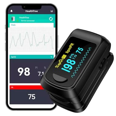 Oxymètre de pouls du bout des doigts HealthTree, moniteur de saturation en oxygène du sang Bluetooth, moniteur de fréquence cardiaque pour Apple et Android, avec écran OLED, 2 piles AAA et cordon