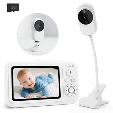 Babyphone Camera avec Clip et Support pour Lit, 1080P Camera Bebe Surveillance Sans WIFI, avec 3.5" IPS écran, Audio Bidirectionnel, Détection des Pleurs, Vision Nocturne, Berceuses, Carte SD Incluse