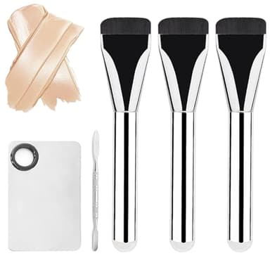 3 Pièces Pinceau Fond de Teint avec 1 Palette de Mélange de Maquillage et 1 Spatule pour Fond de Teint Kit, Pinceaux de Maquillage Plats, Pinceau à Fond de Teint Ultra Fin Professionnel