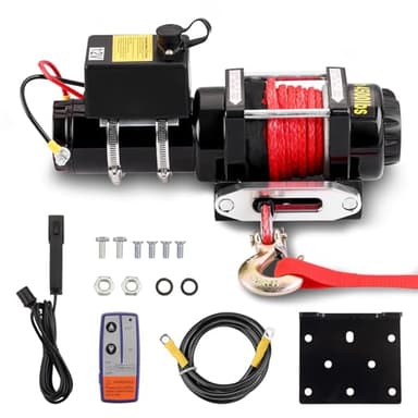 TEENO Treuil électrique 12V 4 500 LBS / 2041 Kg, Corde Synthétique 5.5 mm x 10 m, Télécommande Sans Fil Treuil à Corde en Nylon avec Contrôleur Filaire