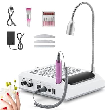Trsaow Ponceuse à ongles électrique 6 en 1, 30 000 tr/min, aspirateur puissant 80 W, lumière LED rotative 6 W, silencieuse, avec 3 limes, pour un usage domestique en salon (Blanc)