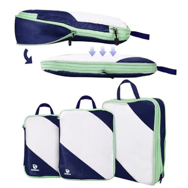 AiQInu Rangement Valise Lot de 3,Packing Cubes Compression Organisateur de Voyage Ultraléger, Extensible, Sac à Chaussures, Bagage Compression (Bleu foncé)