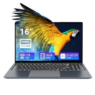 Ordinateur Portable 16 pouces, PC Portable Core i5-8210Y jusqu'à 3,60 GHz, 16Go +1TB SSD Laptop, Ordinateur Full HD 1920x1200, Clavier rétroéclairé, USB3.0, Type-C, idéal pour les études et le travail