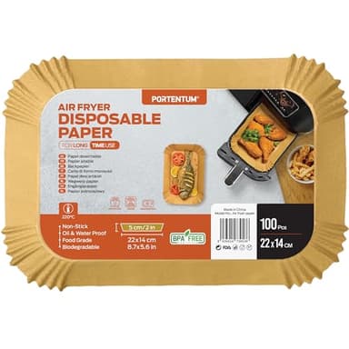 PORTENTUM Papier cuisson air fryer - 100 pièces Food-Grade BPA gratuit, 22×14 cm rectangulaire, compatible friteuses doubles type Ninja Foodi Dual Zone