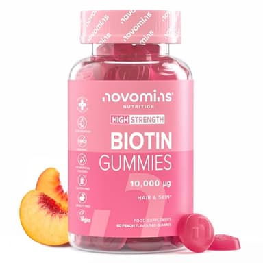Biotine 10,000 mcg – 2 Mois d'Approvisionnement – Gummies Pousse Cheveux – Végétaliens & Sans Gluten Gummies – Biotine - Anti Chute de Cheveux Femme - Novomins