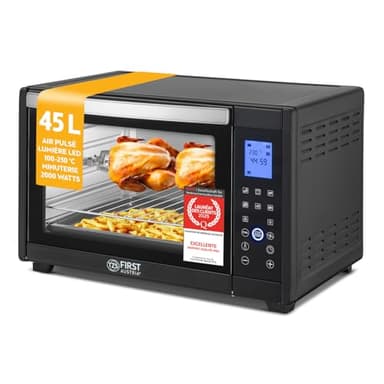 TZS First Austria - Mini-Four 45L 2000W Affichage digital - Four à pizza température jusqu'à 230°C et 8 modes - Avec minuterie de 180 min, 4 hauteurs d'insertion, plaque, grille & tournebroche rotatif