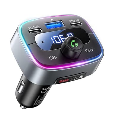LENCENT Transmetteur FM Bluetooth 5,4 Voiture Adaptateur Bluetooth 60W PD 30W Double USB-C Charge Rapide Auto Music Adaptateur Mains Libres Rétroéclairage LED 7 Couleurs et Clé USB