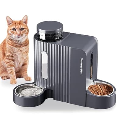 Gardner Pet 2-en-1 Distributeur Croquettes Chat Automatique 3L*2, Distributeur Eau Chat et Chien par Gravité, Mangeoire avec Gamelle Acier Inoxydable, pas d'électricité, Sans BPA, Angle Réglable, Gris
