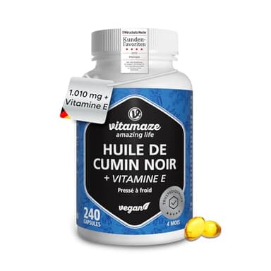 Gélules d'Huile de Nigelle Pressée à Froid 1.010 mg (Nigella sativa) avec Vitamine E, 240 Gélules Véganes pour 4 Mois, Complément Alimentaire, Huile de Nigelle Égyptienne, Fabriqué en Allemagne