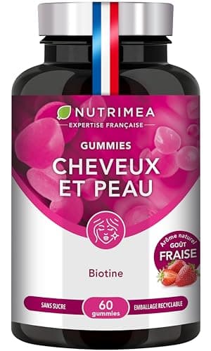 GUMMIES POUSSE CHEVEUX - Croissance des Cheveux et des Ongles - Qualité de la Peau - Avec Biotine, Zinc et Sélénium - 60 Gummies Vegan - Goût Fraise - Nutrimea - Fabriqué en France