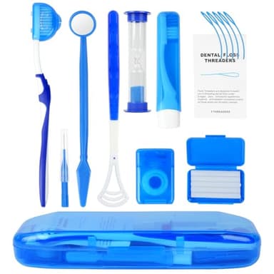 OFFCUP Kit de Soins Orthodontiques, 9pcs Kit Nettoyage Orthodontique Portable, avec Brosse Dentaire Gratte Langue Brosse Interdentaire Cire Dentaire, Kit de Voyage Orthodontique (Bleu)