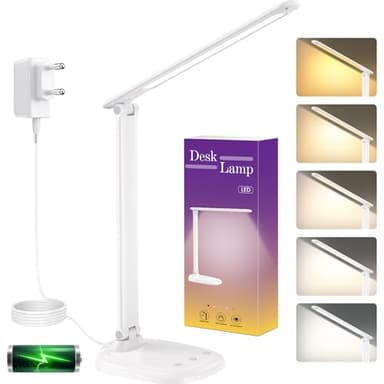 Lampe de Bureau avec Adaptateur, Lampe de Bureau LED 5 Modes, Batterie 4000mAh avec Port USB, Flexible Contrôle Tactile Protection des Yeux, Minuterie et Fonction Mémoire, pour Enfants, Étude,Travail