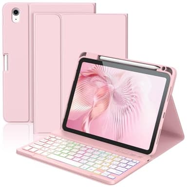 KBCASE Coque Clavier pour iPad A16 11/10 Ème Generation (11 Pouces 2025/10.9 Pouces 2022) Étui Keyboard Bluetooth pour iPad 10eme/11eme avec 7 Couleurs Rétroéclairées,Porte Crayon,AZERTY Français,Rosa