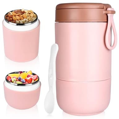 JOLIGAEA Boîtes Alimentaires Isothermes, 800ML Thermo Isolant Contenant avec Cuillère, Gobelet à Céréales à Emporter, Thermos Alimentaire Chaud en Acier Inoxydable à Double Couche pour Ecole Bureau