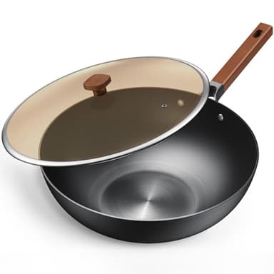 Jobin 32cm/5,2L Wok en Acier au Carbone Avec Couvercle | Sans revêtement chimique | Convient pour la Cuisson de Plats pour 4-6 Personnes, Fond Plat pour Induction, Gaz, Toutes Cuisinières