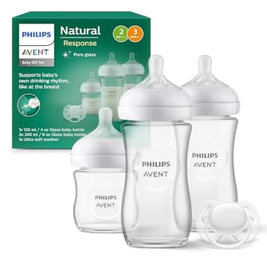 Philips Avent Kit biberons en verre pour nouveau-né – 3 biberons à Réponse Naturelle, sucette ultra-douce 0 à 6 mois, sans BPA (modèle SCD878/11)