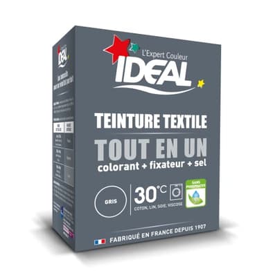 IDEAL - Kit Teinture Tout en Un Mini Gris - 230 g - Colorant + Fixateur + Sel Inclus - Teinture Textile Longue Tenue - Coton, Lin, Soie, Viscose - Efficace dès 30°C - Fabrication Française