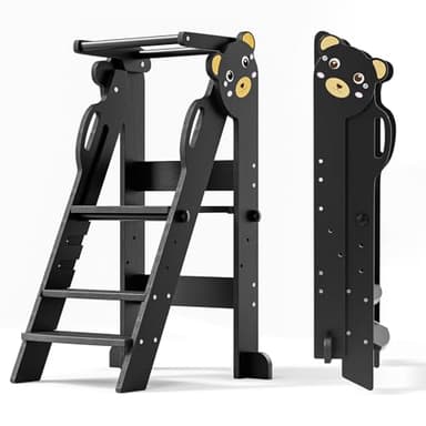 Aoykkii Tour Montessori Pliable Réglable en Hauteur sur 3 étages, Facile à Assembler,Tour d'observation Montessori avec Rails de sécurité (Noir Petit Ours)